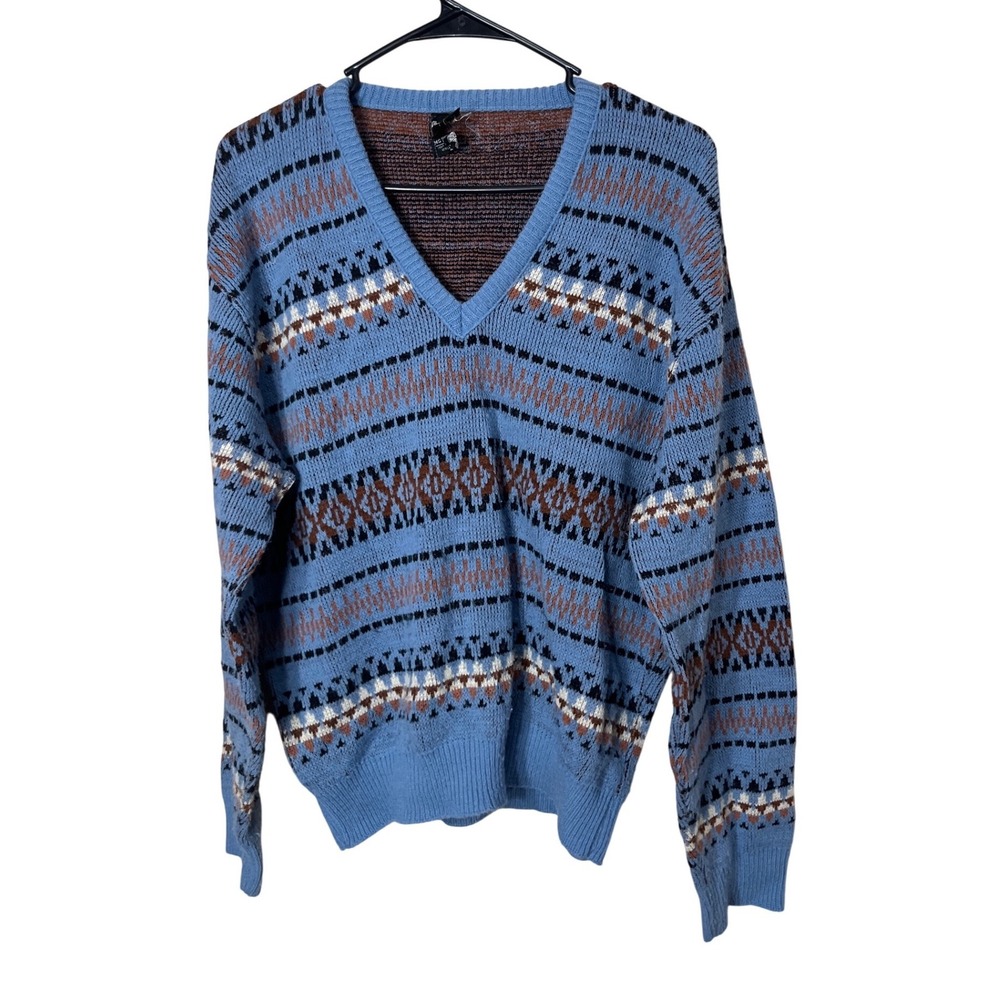 JCPenney Vintage Fair Isle V Neck Sweater Mens XL Blue Brown Geometric Pattern